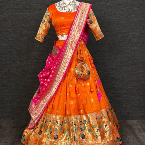 Orange Paithani Jacquard Weaving Traditional Designer Lehenga - Ahesas