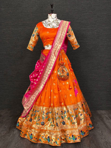 Orange Paithani Jacquard Weaving Traditional Designer Lehenga - Ahesas