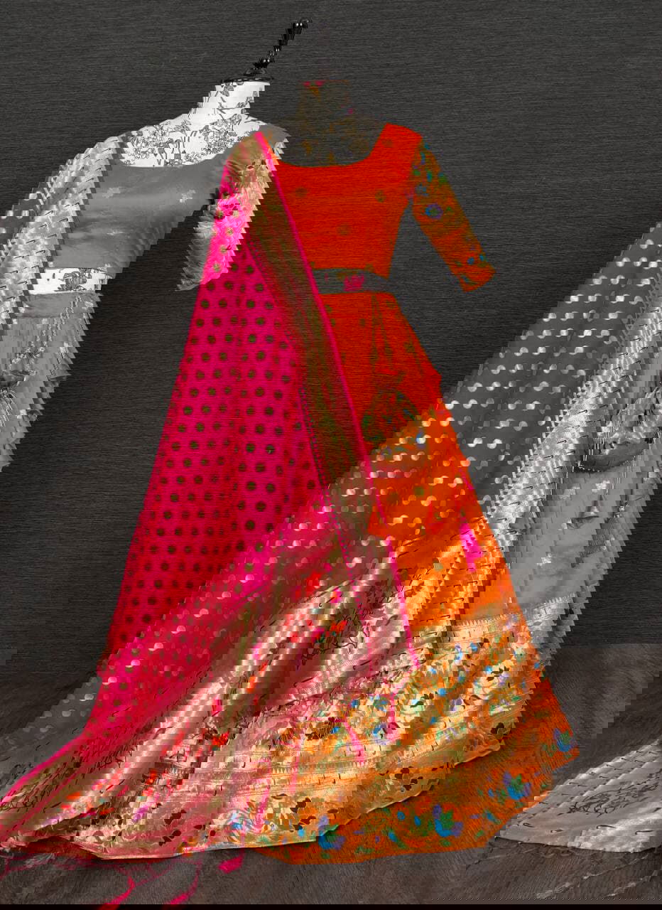 Orange Paithani Jacquard Weaving Traditional Designer Lehenga - Ahesas