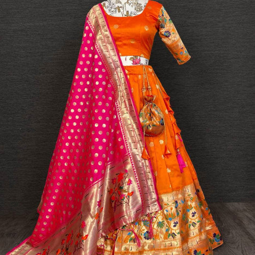 Orange Paithani Jacquard Weaving Traditional Designer Lehenga - Ahesas