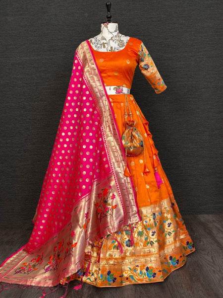 Orange Paithani Jacquard Weaving Traditional Designer Lehenga - Ahesas