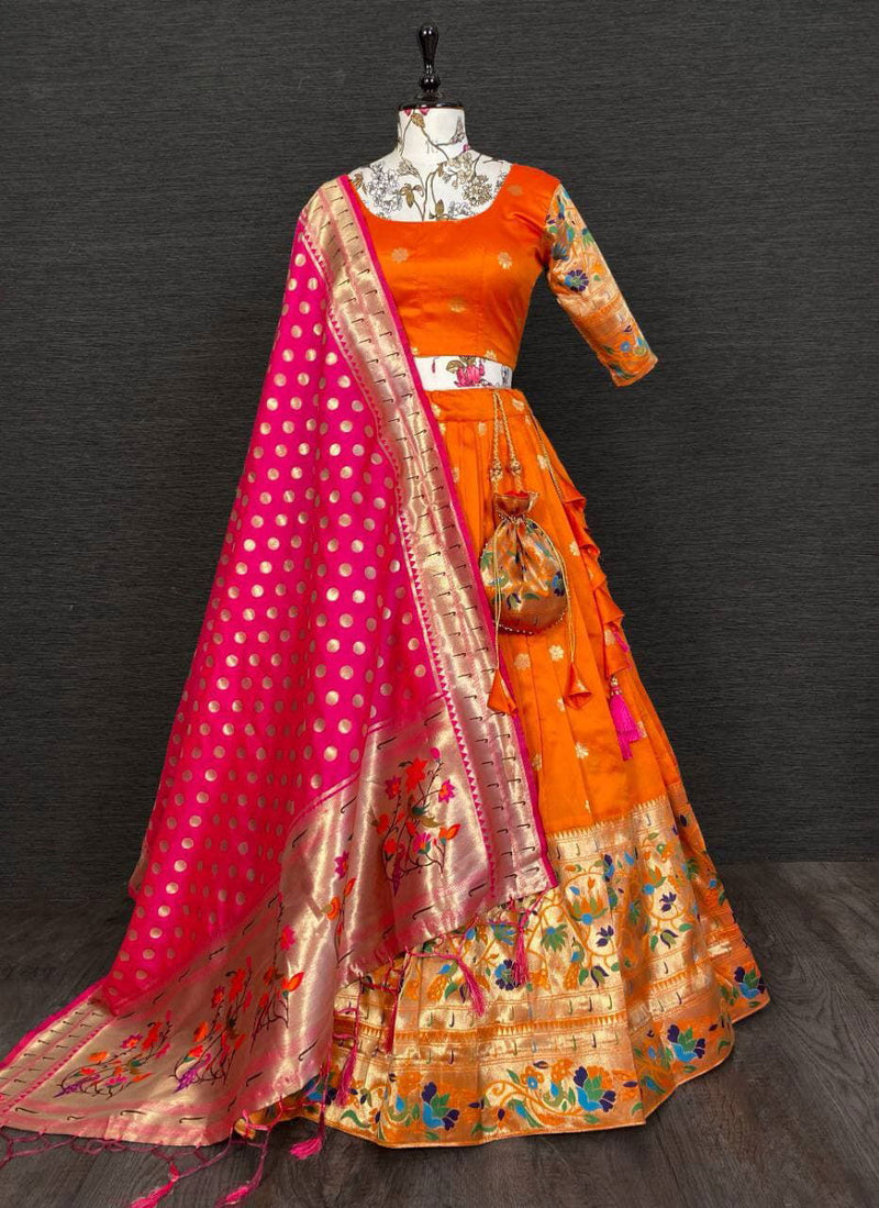Orange Paithani Jacquard Weaving Traditional Designer Lehenga - Ahesas