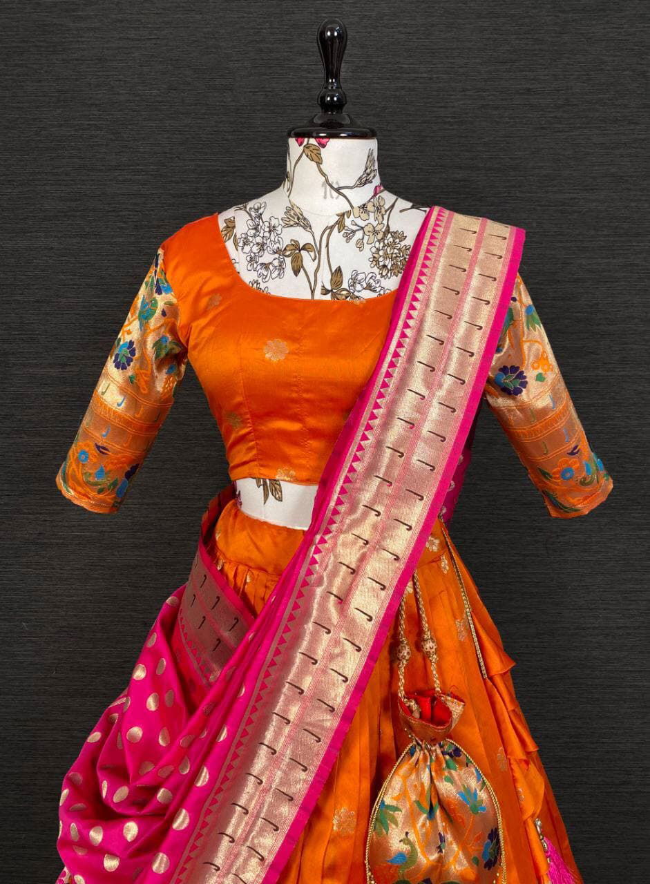 Orange Paithani Jacquard Weaving Traditional Designer Lehenga - Ahesas