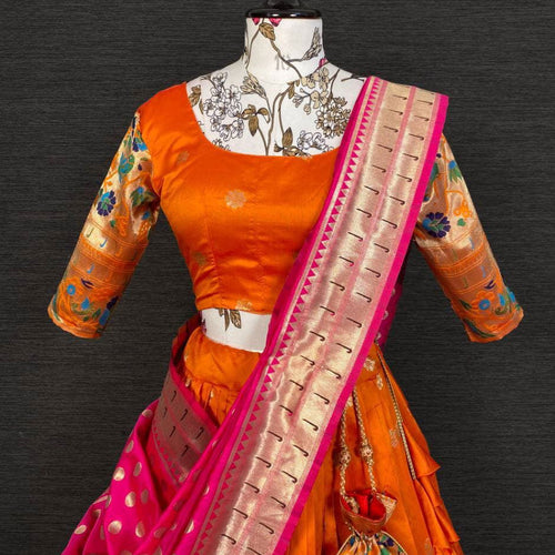 Orange Paithani Jacquard Weaving Traditional Designer Lehenga - Ahesas