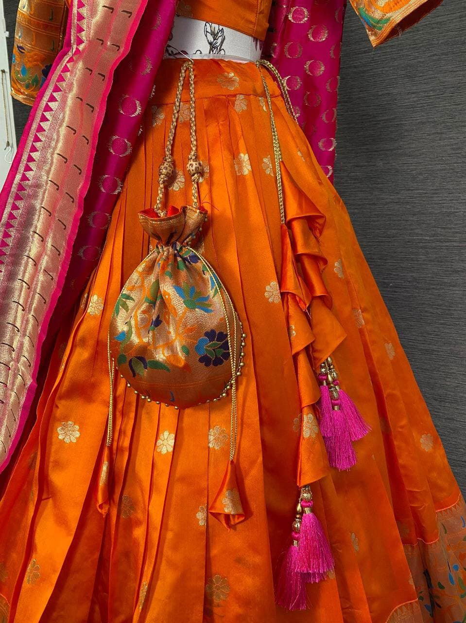 Orange Paithani Jacquard Weaving Traditional Designer Lehenga - Ahesas