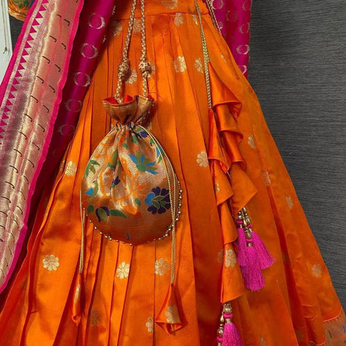 Orange Paithani Jacquard Weaving Traditional Designer Lehenga - Ahesas