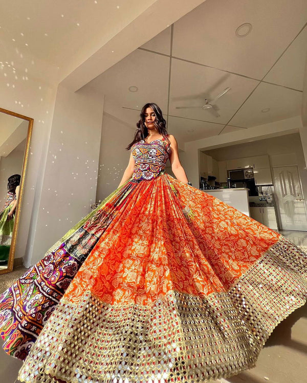 Orange and Green Color Digital Printed Mirror Work Navratri Lehenga Set - Ahesas