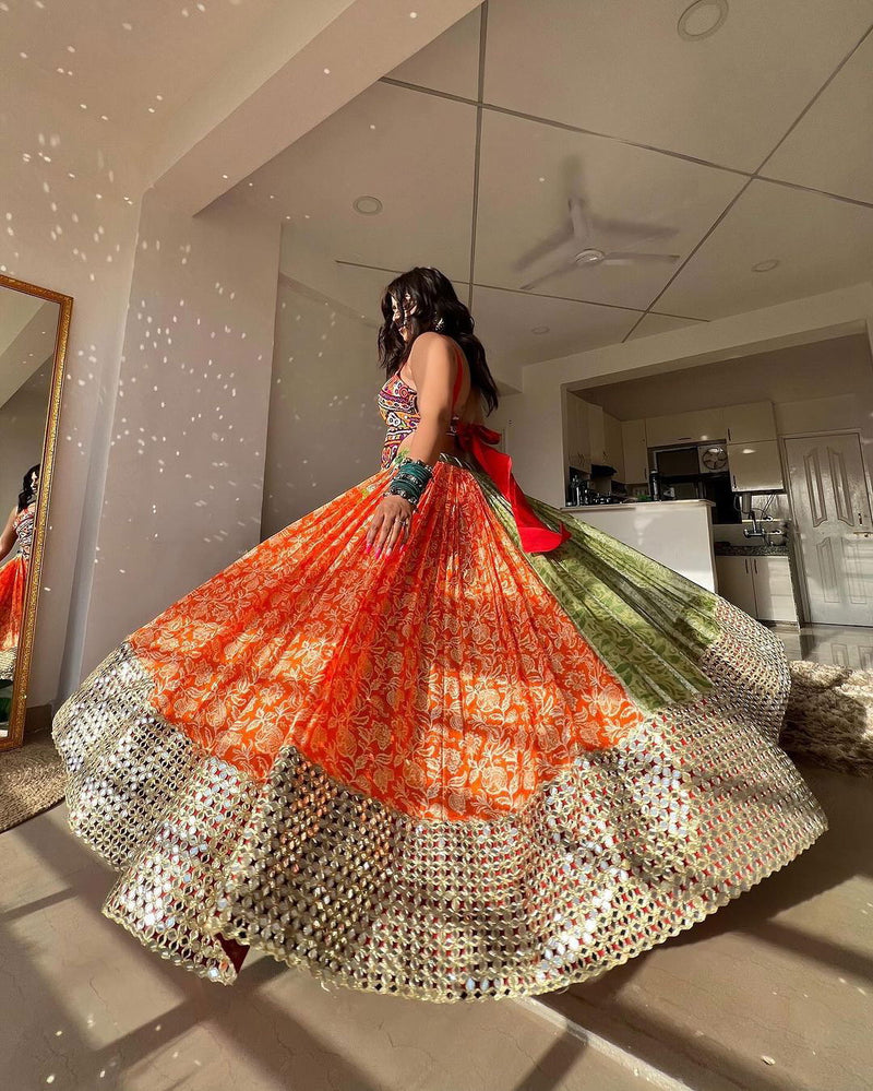 Orange and Green Color Digital Printed Mirror Work Navratri Lehenga Set - Ahesas