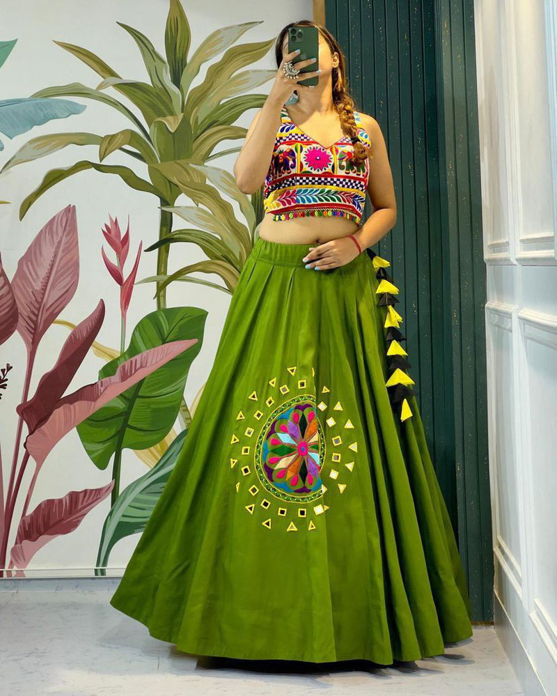 Parrot Color Cotton Silk With Embroidery Work And Real Mirror Navratri  Special Lehenga Choli Set - Ahesas