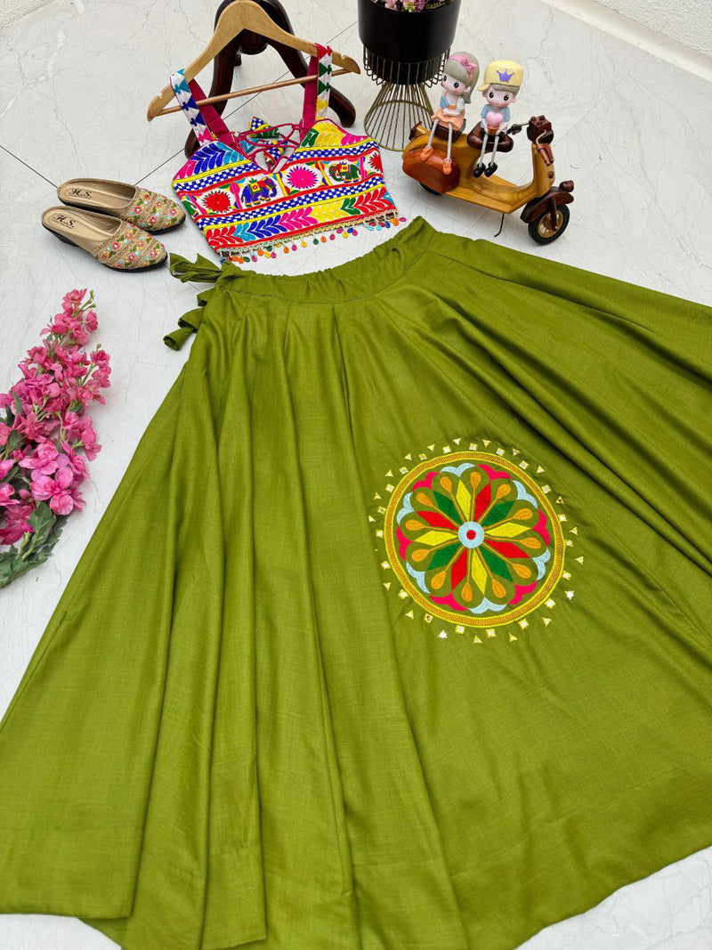 Parrot Color Cotton Silk With Embroidery Work And Real Mirror Navratri  Special Lehenga Choli Set - Ahesas