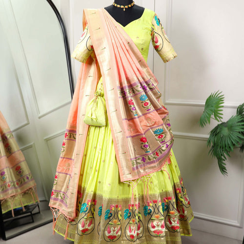 Parrot Color Jacquard Silk Paithani Wedding Special Lehenga Choli - Ahesas