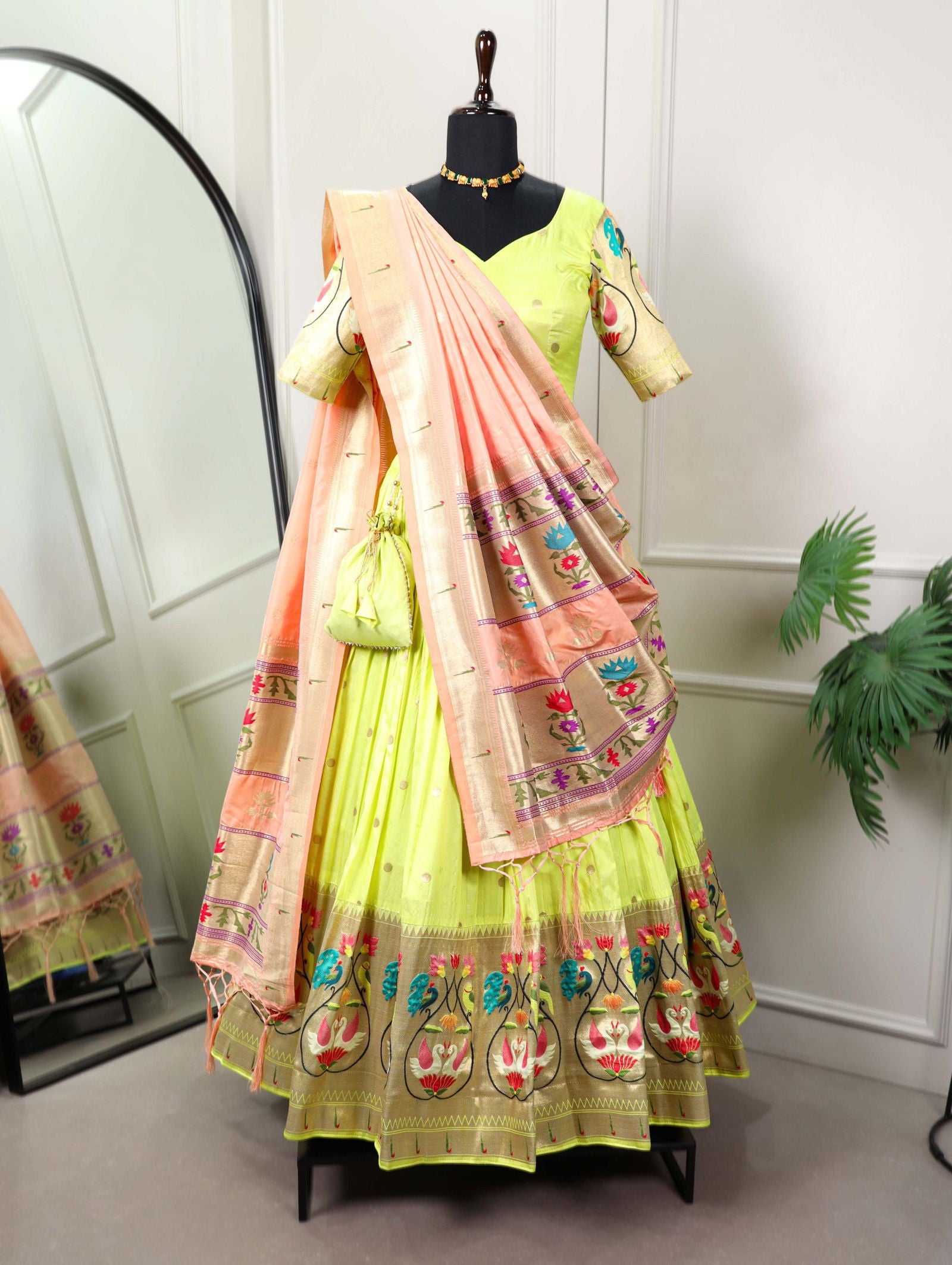 Parrot Color Jacquard Silk Paithani Wedding Special Lehenga Choli - Ahesas