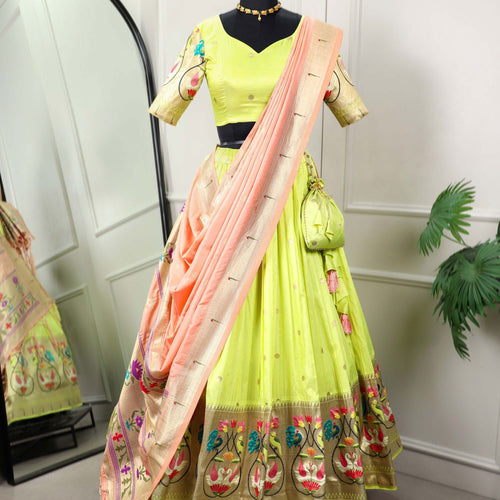 Parrot Color Jacquard Silk Paithani Wedding Special Lehenga Choli - Ahesas