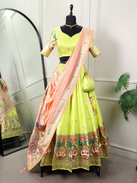 Parrot Color Jacquard Silk Paithani Wedding Special Lehenga Choli - Ahesas