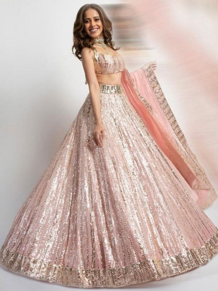Peach Color Heavy Sequence Georgette Bollywood Designer Lehenga Set - Ahesas