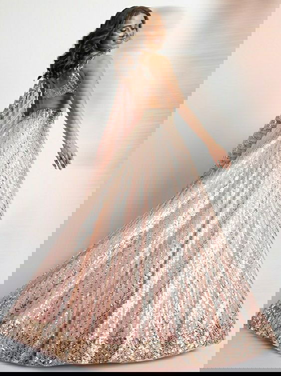 Peach Color Heavy Sequence Georgette Bollywood Designer Lehenga Set - Ahesas