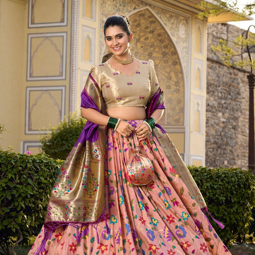 Peach Color Zari Weaving Work Paithani Special Jacquard Silk Lehenga Choli Set - Ahesas