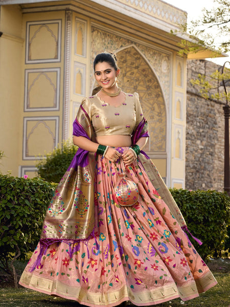 Peach Color Zari Weaving Work Paithani Special Jacquard Silk Lehenga Choli Set - Ahesas