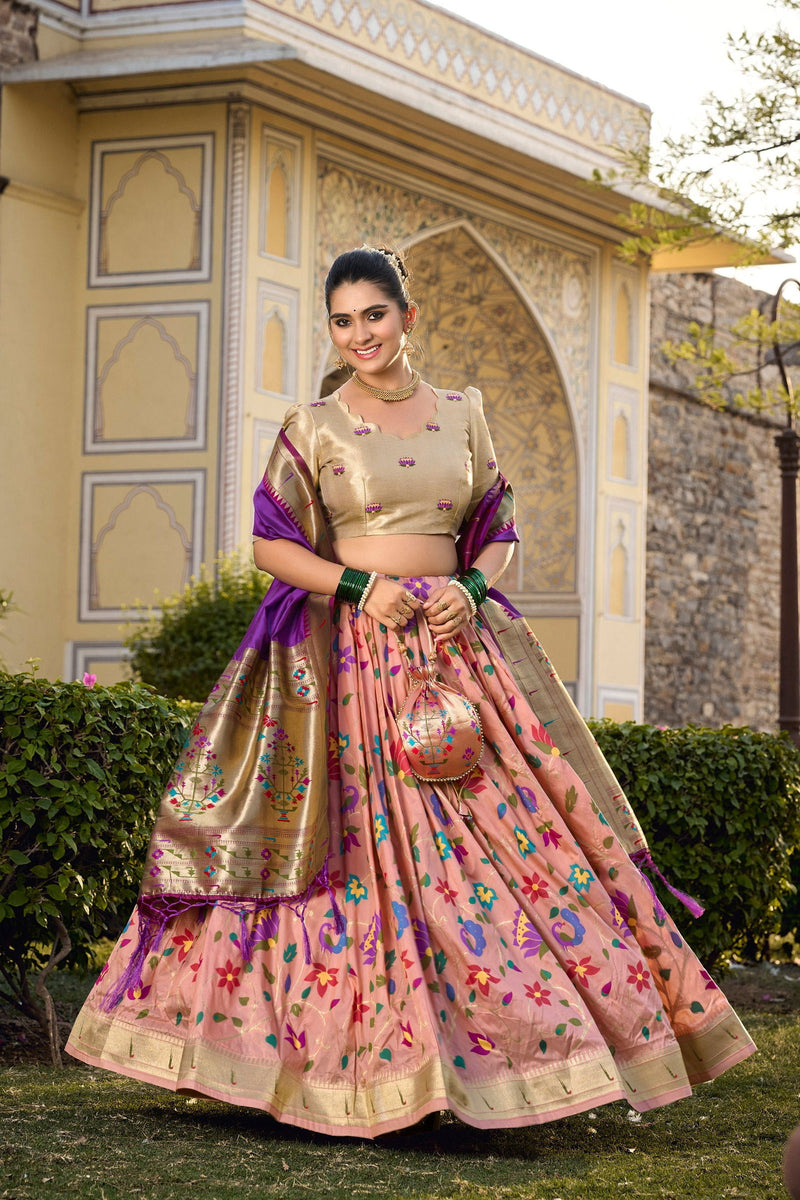 Peach Color Zari Weaving Work Paithani Special Jacquard Silk Lehenga Choli Set - Ahesas