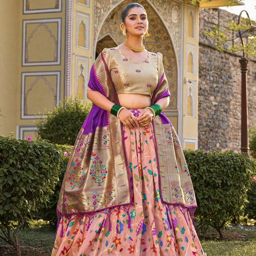 Peach Color Zari Weaving Work Paithani Special Jacquard Silk Lehenga Choli Set - Ahesas