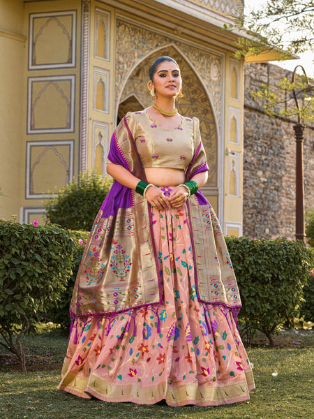Peach Color Zari Weaving Work Paithani Special Jacquard Silk Lehenga Choli Set - Ahesas