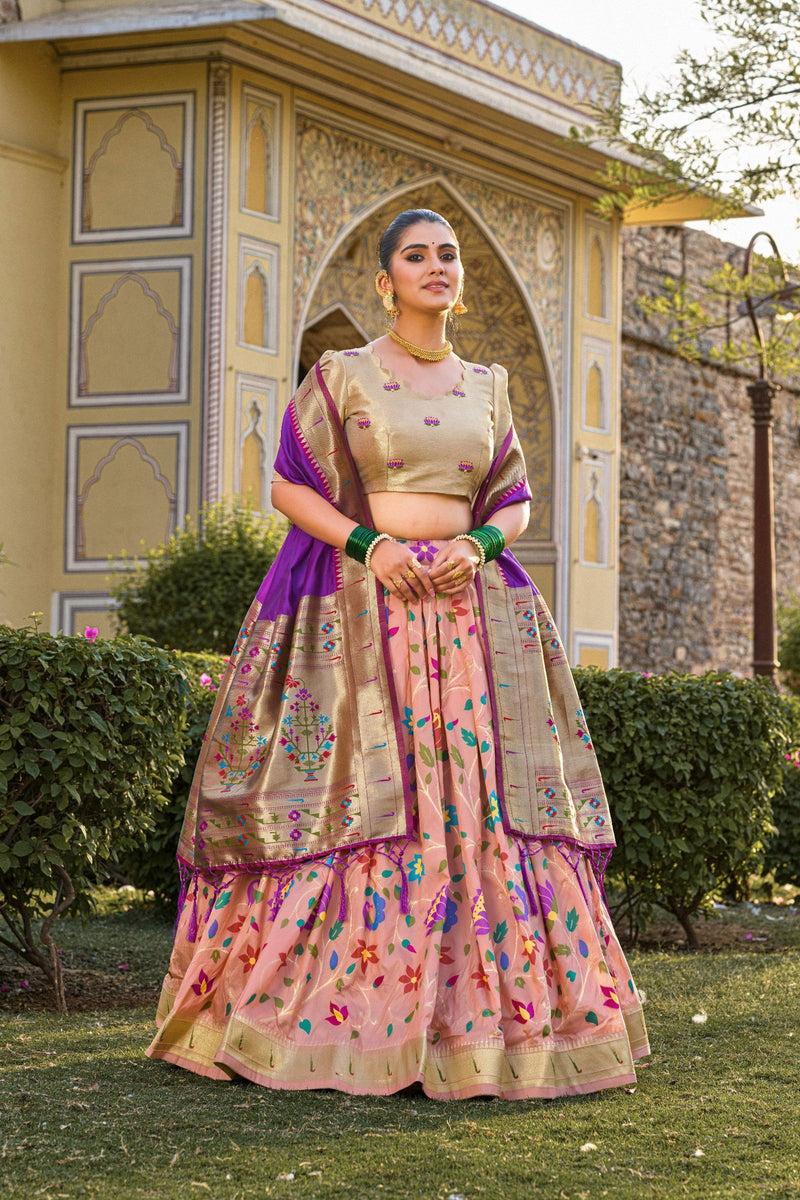 Peach Color Zari Weaving Work Paithani Special Jacquard Silk Lehenga Choli Set - Ahesas