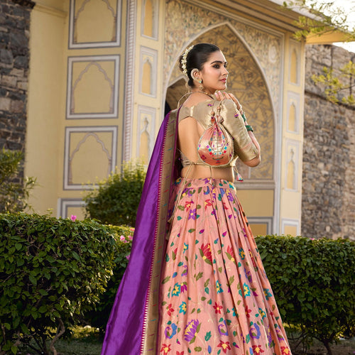 Peach Color Zari Weaving Work Paithani Special Jacquard Silk Lehenga Choli Set - Ahesas