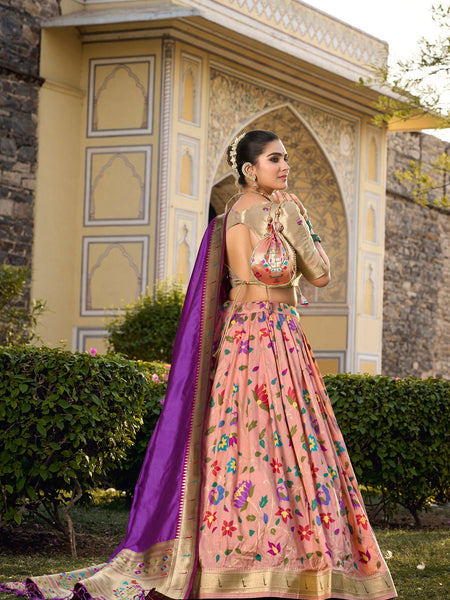 Peach Color Zari Weaving Work Paithani Special Jacquard Silk Lehenga Choli Set - Ahesas