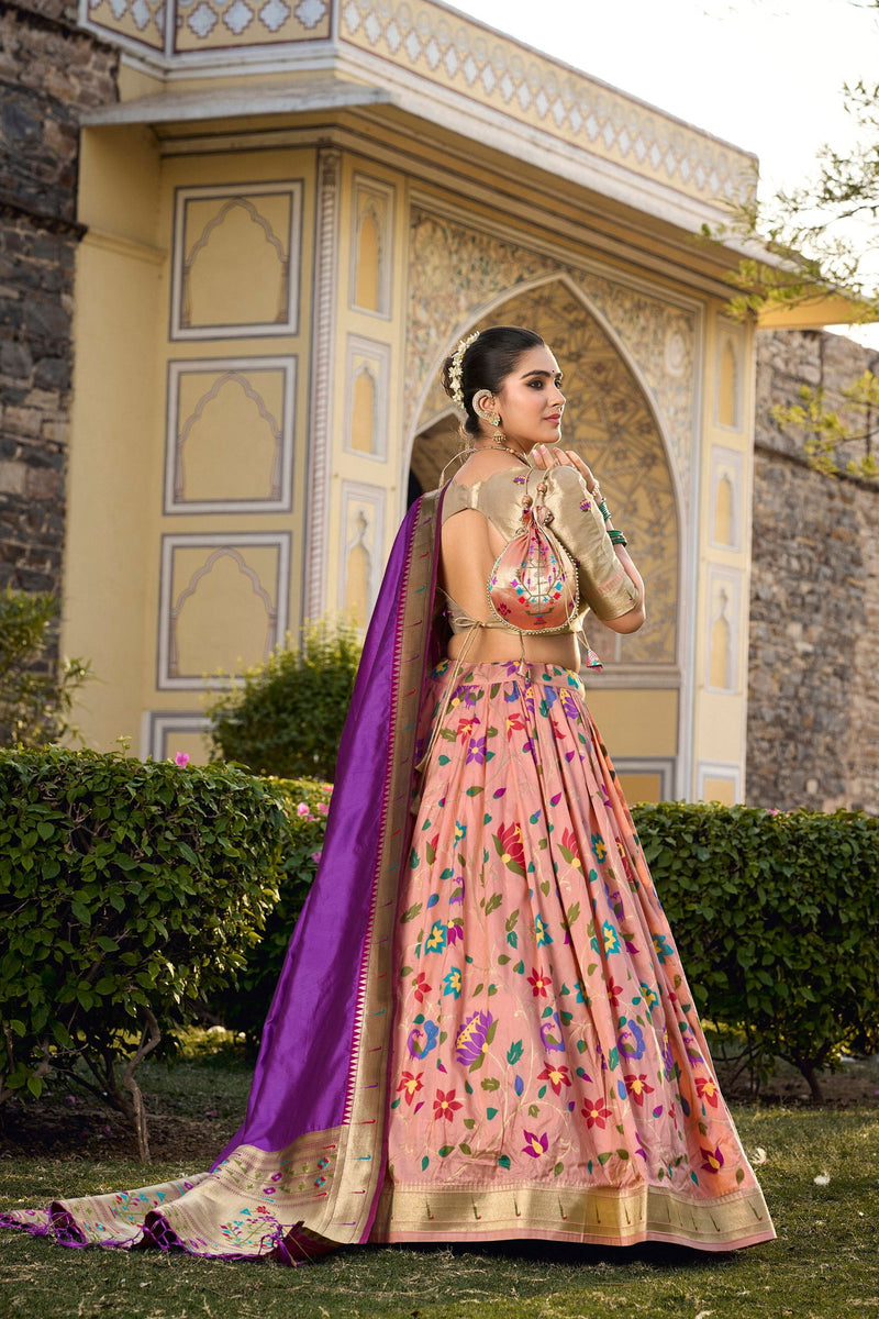 Peach Color Zari Weaving Work Paithani Special Jacquard Silk Lehenga Choli Set - Ahesas