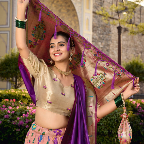 Peach Color Zari Weaving Work Paithani Special Jacquard Silk Lehenga Choli Set - Ahesas