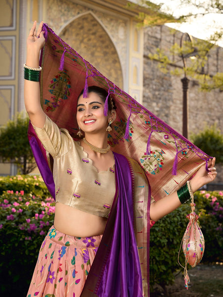 Peach Color Zari Weaving Work Paithani Special Jacquard Silk Lehenga Choli Set - Ahesas