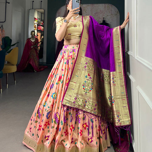 Peach Color Zari Weaving Work Paithani Special Jacquard Silk Lehenga Choli Set - Ahesas