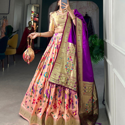Peach Color Zari Weaving Work Paithani Special Jacquard Silk Lehenga Choli Set - Ahesas