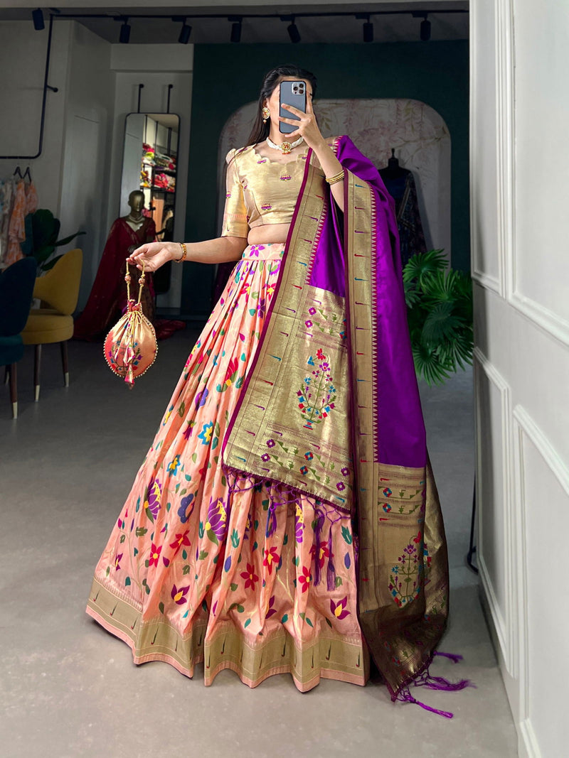 Peach Color Zari Weaving Work Paithani Special Jacquard Silk Lehenga Choli Set - Ahesas