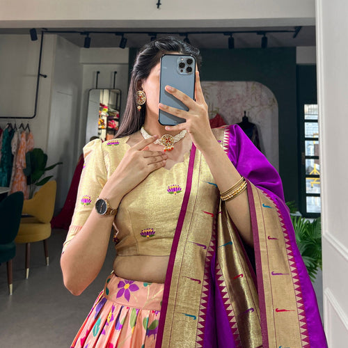 Peach Color Zari Weaving Work Paithani Special Jacquard Silk Lehenga Choli Set - Ahesas