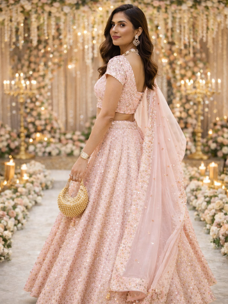 Pink Color Heavy Sequence Work Georgette Wedding Lehenga Choli