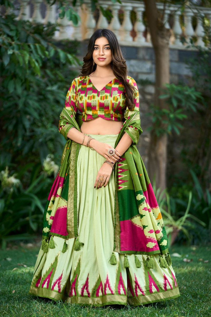 Pista Color Tussar Silk Print With Foil Point Navratri Lehenga Choli - Ahesas