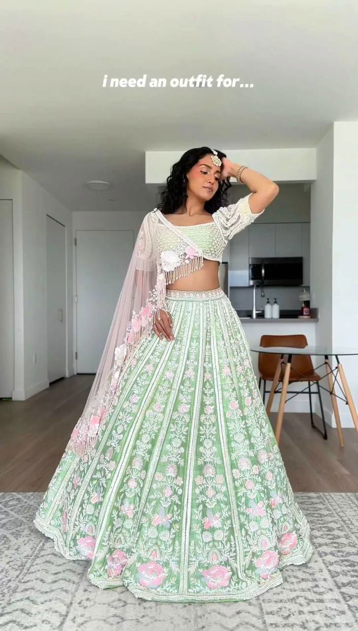 Pista Green Color Thread Embroidered Work Designer Trendy Lehenga - Ahesas