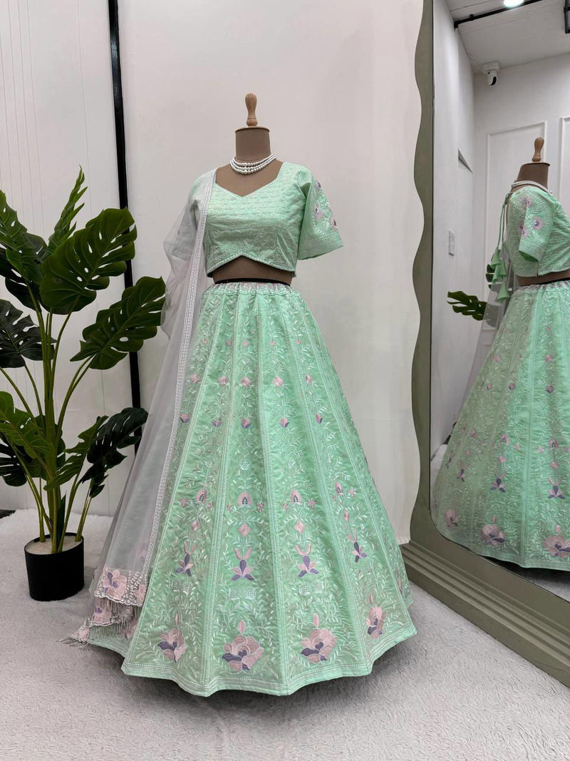 Pista Green Color Thread Embroidered Work Designer Trendy Lehenga - Ahesas