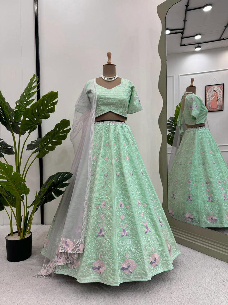 Pista Green Color Thread Embroidered Work Designer Trendy Lehenga - Ahesas