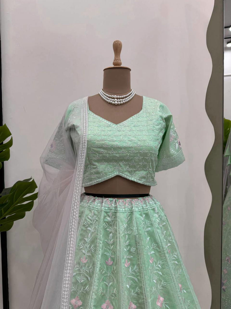 Pista Green Color Thread Embroidered Work Designer Trendy Lehenga - Ahesas