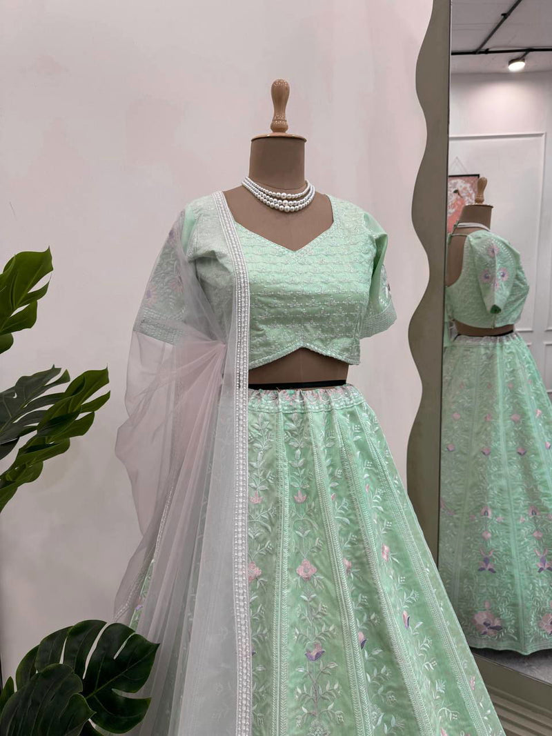 Pista Green Color Thread Embroidered Work Designer Trendy Lehenga - Ahesas