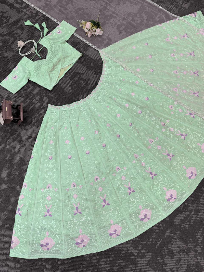 Pista Green Color Thread Embroidered Work Designer Trendy Lehenga - Ahesas