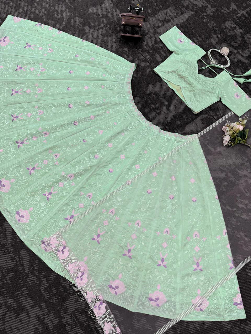 Pista Green Color Thread Embroidered Work Designer Trendy Lehenga - Ahesas