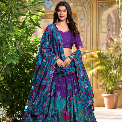 Purple Color Tussar Silk Printed Gorgeous Lehenga Choli Set