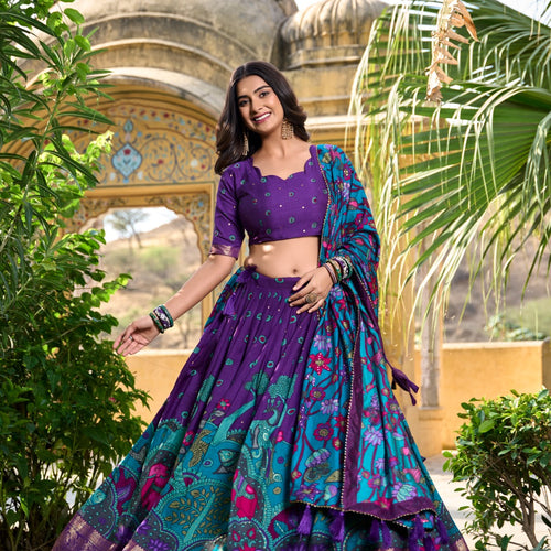 Purple Color Tussar Silk Printed Gorgeous Lehenga Choli Set