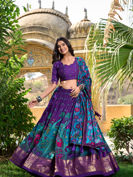 Purple Color Tussar Silk Printed Gorgeous Lehenga Choli Set