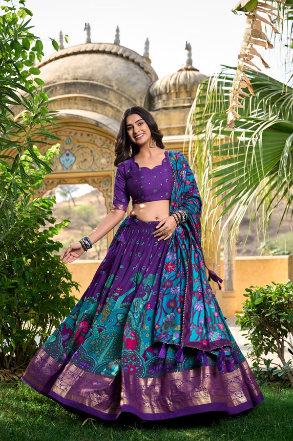 Purple Color Tussar Silk Printed Gorgeous Lehenga Choli Set