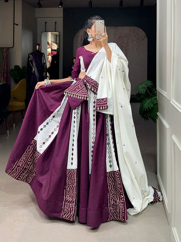 Purple Color Pure Cotton With Plain With Mirror Work Navratri  Special Lehenga Choli Set - Ahesas