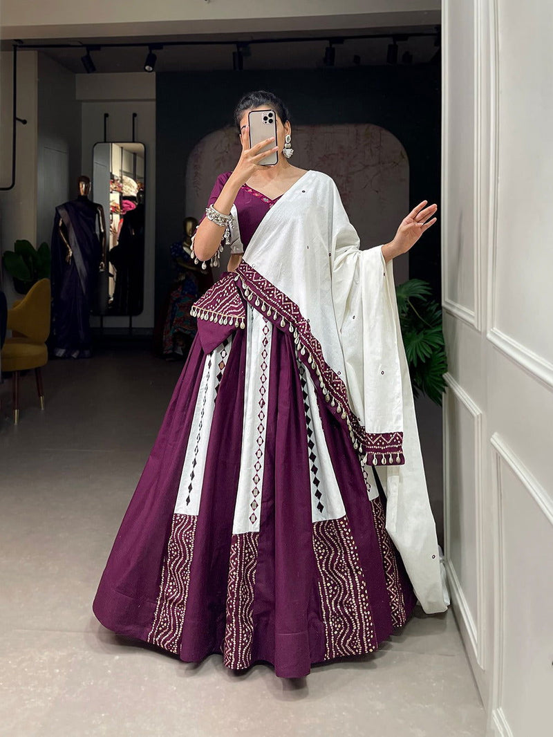 Purple Color Pure Cotton With Plain With Mirror Work Navratri  Special Lehenga Choli Set - Ahesas